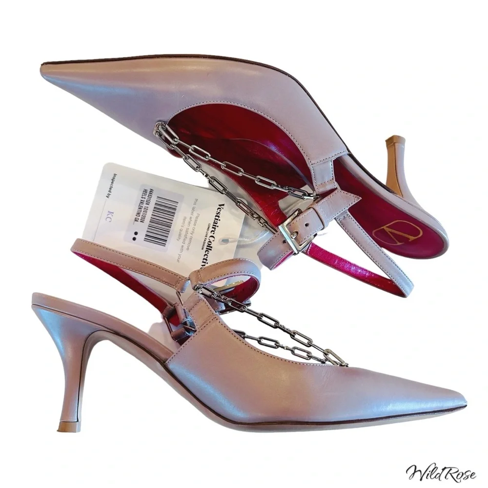 VALENTINO GARAVANI Nude Valentino V Logo Silver Chain Detail Slingback Pumps 36 - Picture 14 of 17